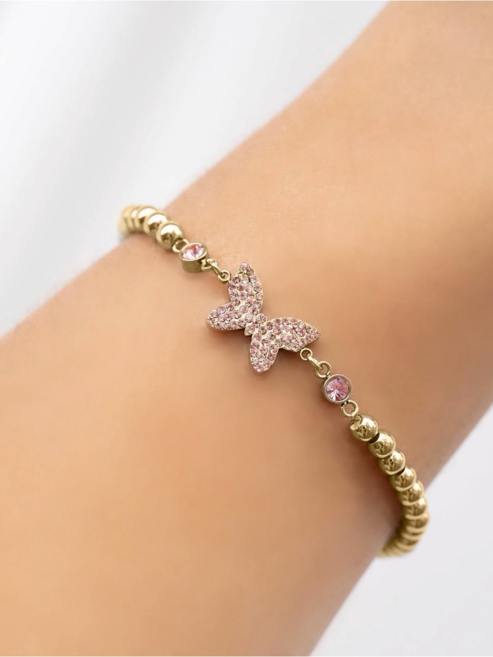 Gold Beaded Bracelet with Pink Crystal Butterfly